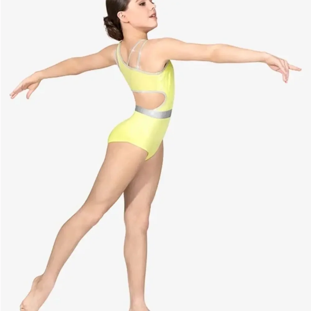 Double Platinum Girls One Shoulder Performance Leotard Yellow silver CL NWT